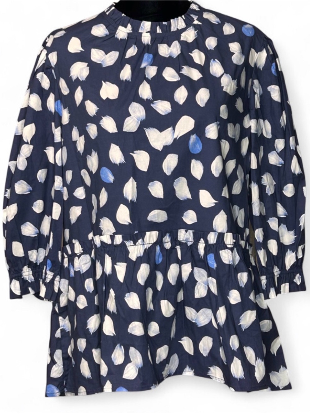 Scoop Navy Blue Leaf-Print Peplum Top S 4-6, Movk Neck Long Sleeves NWT